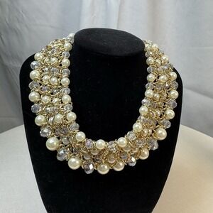 Gold Tone Chain Wide Necklace Faux Pearls Clear Beads High Neck Collar style